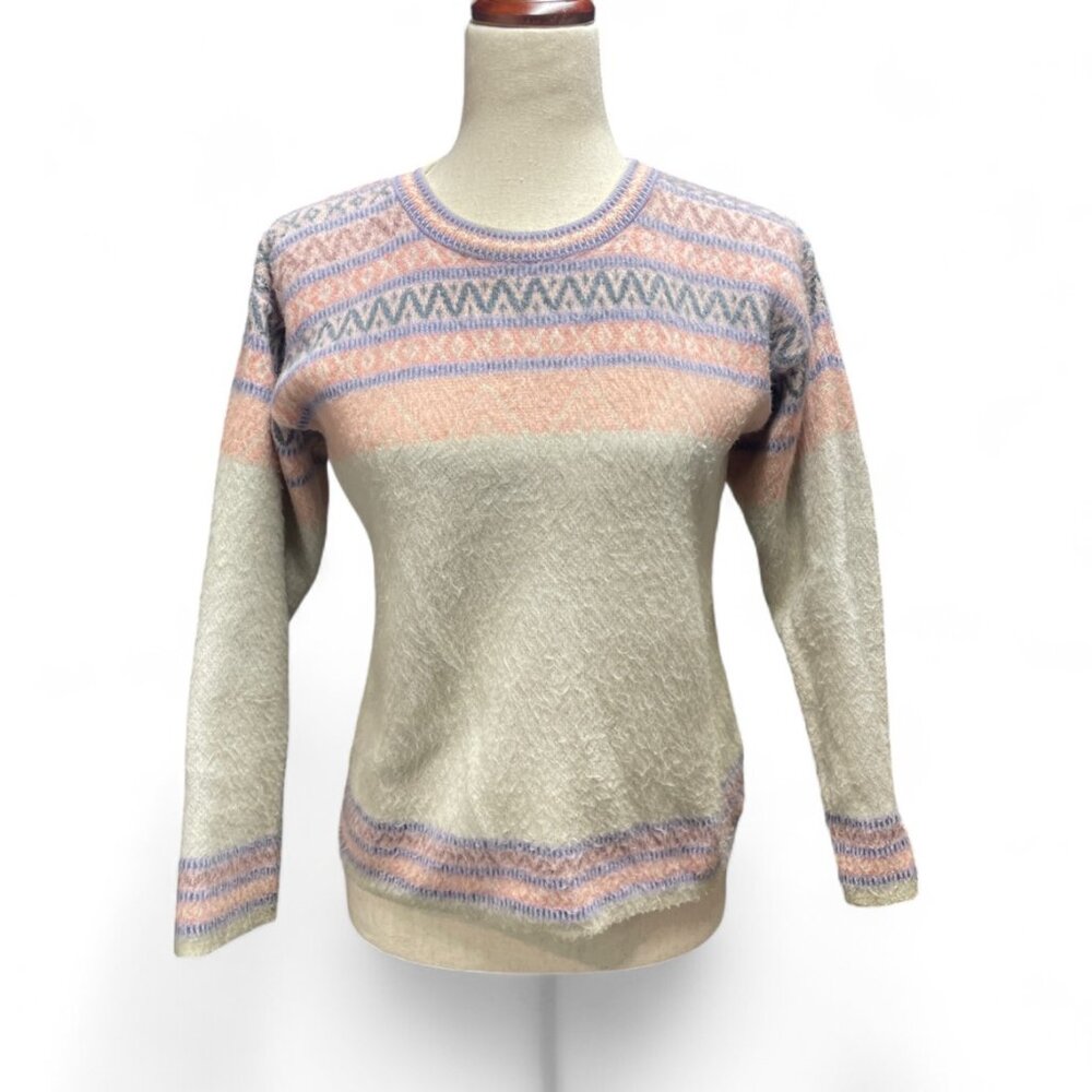 Aprés Style Preppy Pink Puprple Wool‎ Blend Fair Isle Sweater